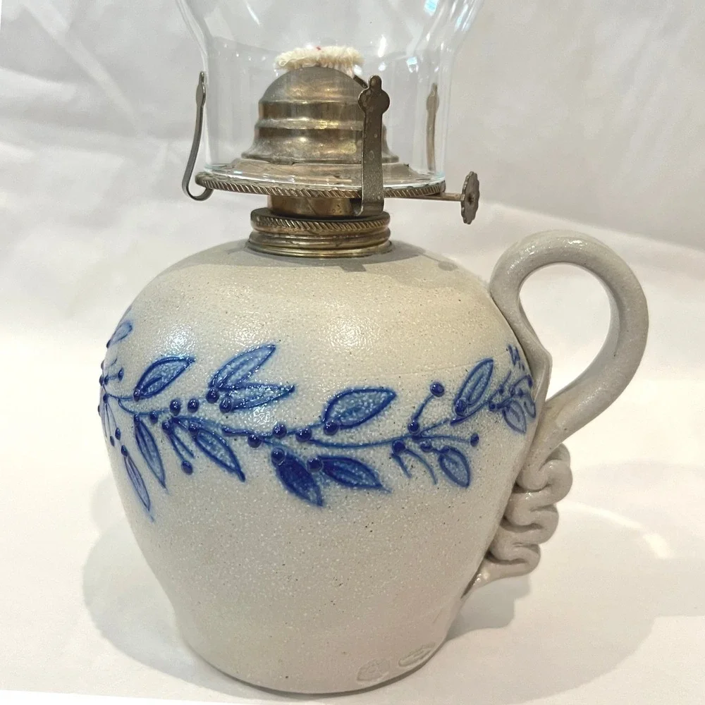 Salmon Falls Stoneware Kerosene Oil Lamp & Chimney Blueberry Vine Signed 1999